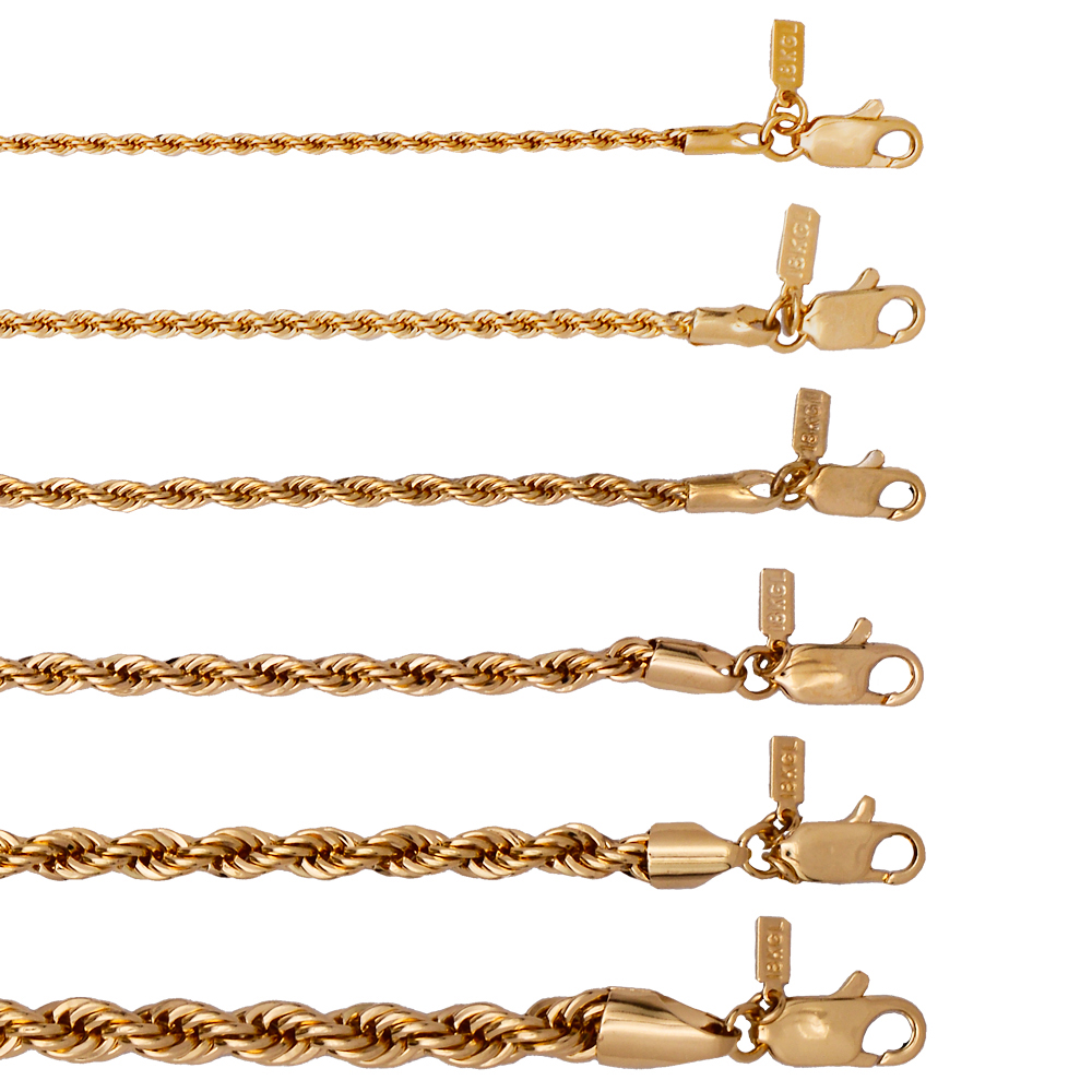 18k gold plated rope chain necklace lifetime warranty 2 mm mm width chart
